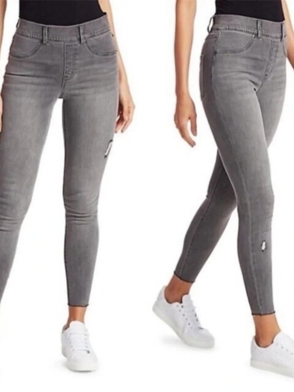 SPANX Gray Distressed Denim Jeans Skinny Pants 20213R Frayed Hem Size Small